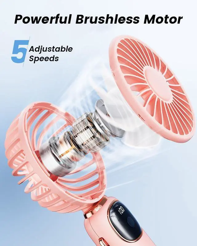Alt view image 6 of 7 - coldSky Portable Handheld Fan, 4000mAh Rechargeable Personal Fan - Pink | 3-in-1 Hand, Desk & Neck Fan, 20H Max Cooling, 5 Speed, LED Display, 90° Foldable Fan for Travel/Indoor/Outdoor/Gifts