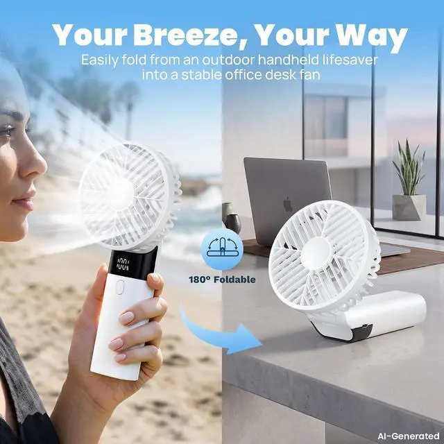 Alt view image 2 of 7 - HAWANA Handheld Fan Rechargeable, Portable Mini Fan with 3000mAh Battery, Up to 10H Runtime, 180° Foldable Personal Fan, USB Travel Fan for Pocket, Office, Bedroom, Camping