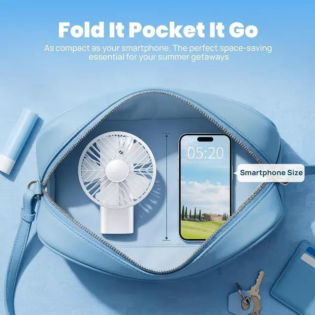Alt view image 5 of 7 - HAWANA Handheld Fan Rechargeable, Portable Mini Fan with 3000mAh Battery, Up to 10H Runtime, 180° Foldable Personal Fan, USB Travel Fan for Pocket, Office, Bedroom, Camping