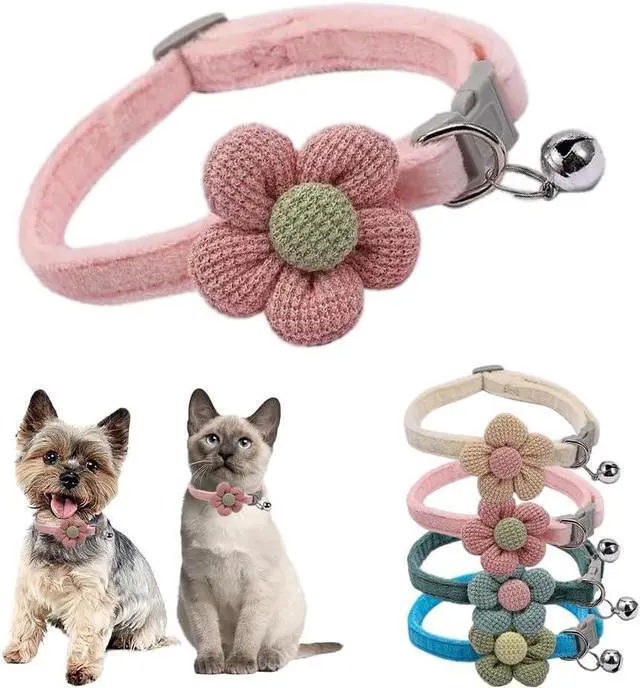 Main image of XXS Dog Collar with Bell,Pink Flower Cat Collar with Bells Suede Girl Cute Fancy Puppy Collar with Bells for XXS XS Tiny Little Kitten Pet Female Dogs,Neck 8-12 Inch