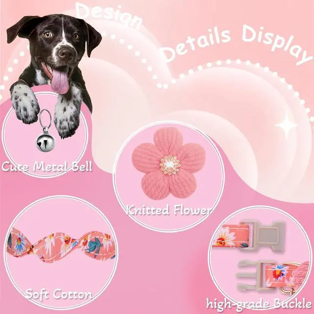Alt view image 2 of 7 - Small Dog Collar with Flower, Spring Dog Collar for Girl Dog Collars for Small Dogs Cute Dog Collar with Bell, Adjustable Length