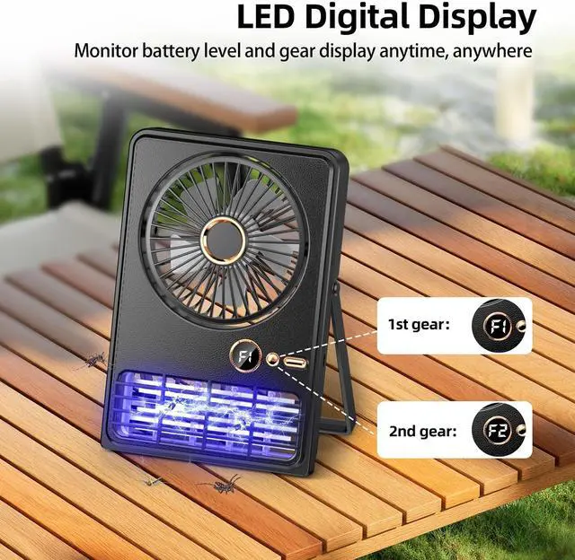 Alt view image 3 of 7 - Wisely Desk Fan, Portable Rechargeable Fan Strong Wind Ultra Quiet Small Personal Fan with 90° Tilt Folding and 5 Speeds Adjustable, Type-C Charging Powered for Office Desktop Bedroom Camping(Black)