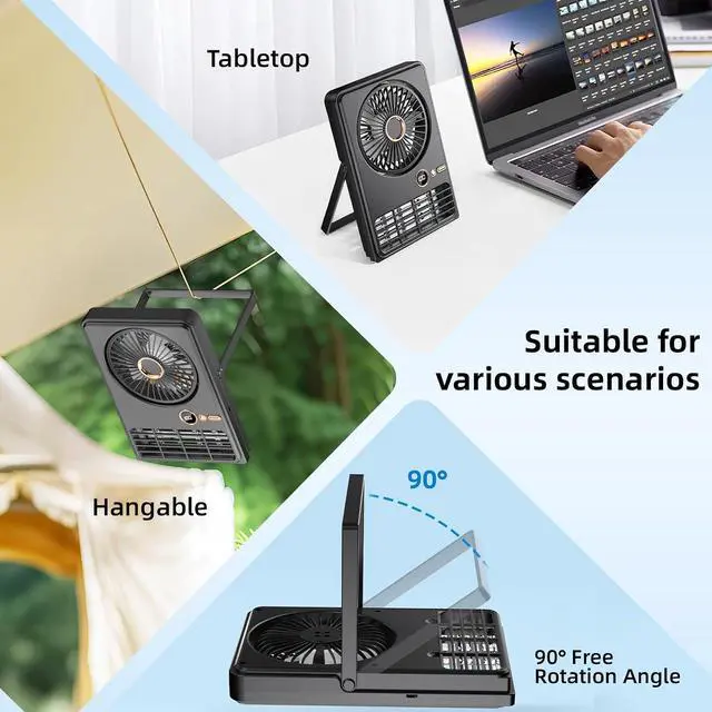 Alt view image 6 of 7 - Wisely Desk Fan, Portable Rechargeable Fan Strong Wind Ultra Quiet Small Personal Fan with 90° Tilt Folding and 5 Speeds Adjustable, Type-C Charging Powered for Office Desktop Bedroom Camping(Black)