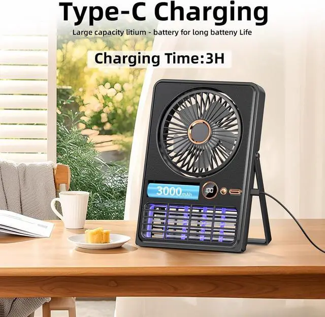 Alt view image 4 of 7 - Wisely Desk Fan, Portable Rechargeable Fan Strong Wind Ultra Quiet Small Personal Fan with 90° Tilt Folding and 5 Speeds Adjustable, Type-C Charging Powered for Office Desktop Bedroom Camping(Black)