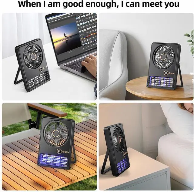 Alt view image 7 of 7 - Wisely Desk Fan, Portable Rechargeable Fan Strong Wind Ultra Quiet Small Personal Fan with 90° Tilt Folding and 5 Speeds Adjustable, Type-C Charging Powered for Office Desktop Bedroom Camping(Black)
