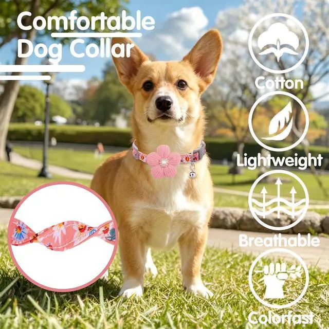 Alt view image 4 of 7 - Small Dog Collar with Flower, Spring Dog Collar for Girl Dog Collars for Small Dogs Cute Dog Collar with Bell, Adjustable Length