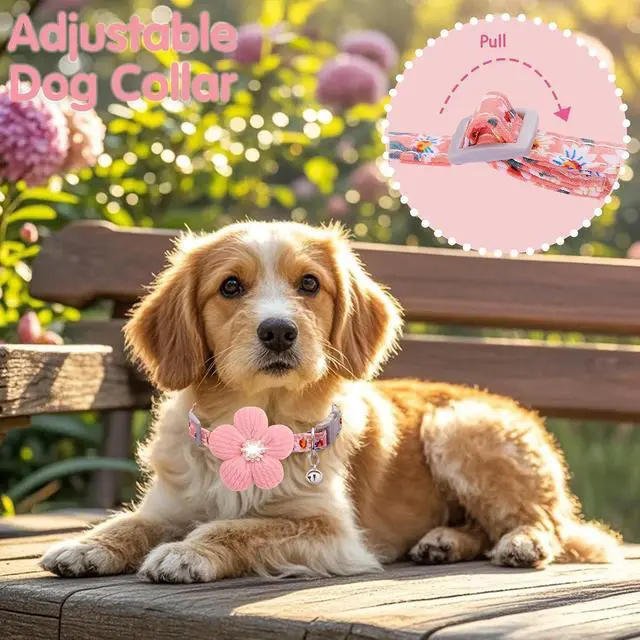 Alt view image 5 of 7 - Small Dog Collar with Flower, Spring Dog Collar for Girl Dog Collars for Small Dogs Cute Dog Collar with Bell, Adjustable Length