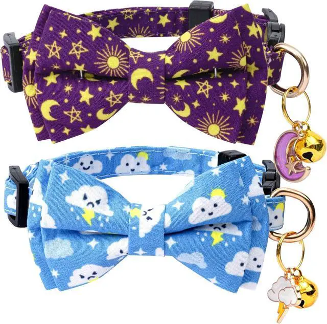 Main image of 2 Pack Cotton Cat Collar with Bow Tie and Bell for Girl Boy Cats,Cute Pink Flamingo and Blue Whale Pattern Spring Summer Breakaway Cat Collar for Male Female Cats (Moon&Cloud)