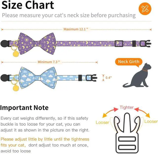 Alt view image 2 of 6 - 2 Pack Cotton Cat Collar with Bow Tie and Bell for Girl Boy Cats,Cute Pink Flamingo and Blue Whale Pattern Spring Summer Breakaway Cat Collar for Male Female Cats (Moon&Cloud)