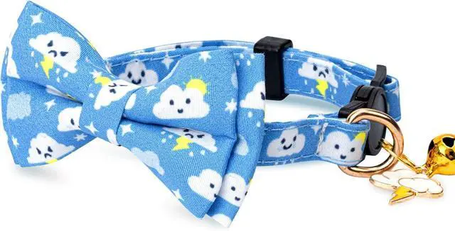 Alt view image 3 of 6 - 2 Pack Cotton Cat Collar with Bow Tie and Bell for Girl Boy Cats,Cute Pink Flamingo and Blue Whale Pattern Spring Summer Breakaway Cat Collar for Male Female Cats (Moon&Cloud)