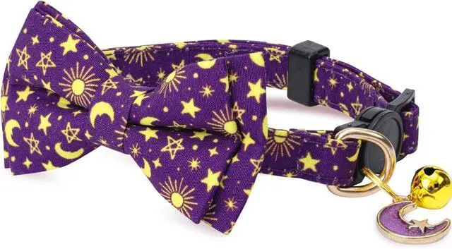 Alt view image 4 of 6 - 2 Pack Cotton Cat Collar with Bow Tie and Bell for Girl Boy Cats,Cute Pink Flamingo and Blue Whale Pattern Spring Summer Breakaway Cat Collar for Male Female Cats (Moon&Cloud)
