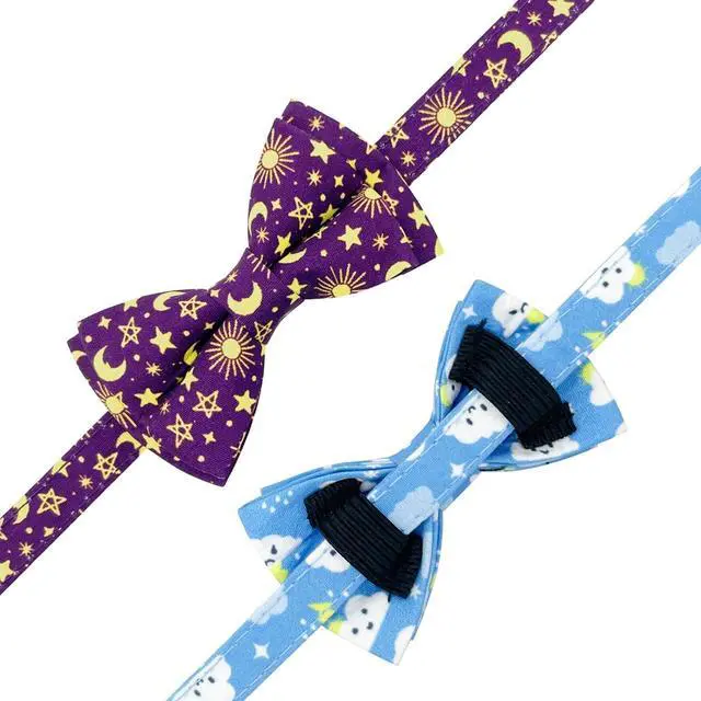 Alt view image 5 of 6 - 2 Pack Cotton Cat Collar with Bow Tie and Bell for Girl Boy Cats,Cute Pink Flamingo and Blue Whale Pattern Spring Summer Breakaway Cat Collar for Male Female Cats (Moon&Cloud)