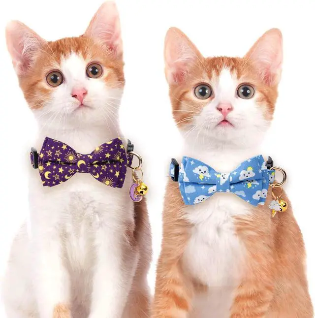 Alt view image 6 of 6 - 2 Pack Cotton Cat Collar with Bow Tie and Bell for Girl Boy Cats,Cute Pink Flamingo and Blue Whale Pattern Spring Summer Breakaway Cat Collar for Male Female Cats (Moon&Cloud)