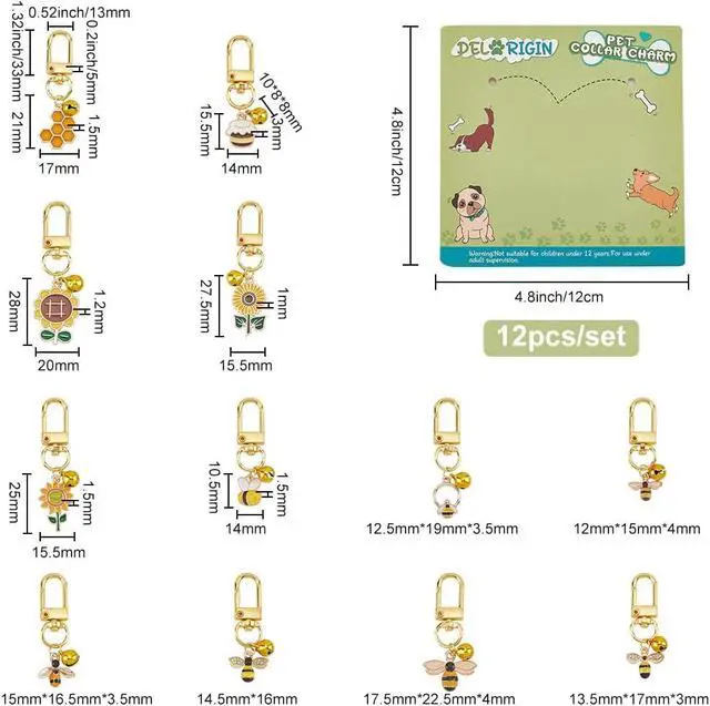 Alt view image 2 of 7 - 12pcs Cat Dog Collar Bells, Enamel Bees Sunflower Bell Charms with Swivel Clasps Alloy Collar Pendant Accessories for Pet Dog Cat Necklace Decoration Training Keychains DIY Crafts