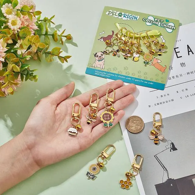 Alt view image 4 of 7 - 12pcs Cat Dog Collar Bells, Enamel Bees Sunflower Bell Charms with Swivel Clasps Alloy Collar Pendant Accessories for Pet Dog Cat Necklace Decoration Training Keychains DIY Crafts