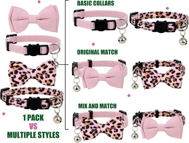 Alt view image 2 of 6 - Collar for Cat Pet Breakaway with Bell Bowtie Detachable Bow Adjustable Safety Kitten Puppy Girl Boy 2pcs Pink Leopard & Pure