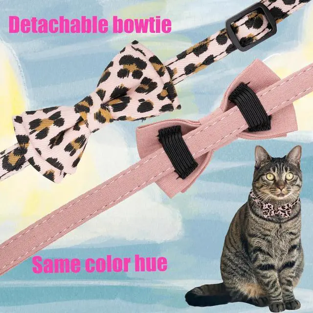 Alt view image 3 of 6 - Collar for Cat Pet Breakaway with Bell Bowtie Detachable Bow Adjustable Safety Kitten Puppy Girl Boy 2pcs Pink Leopard & Pure