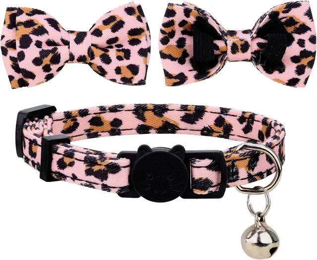 Alt view image 5 of 6 - Collar for Cat Pet Breakaway with Bell Bowtie Detachable Bow Adjustable Safety Kitten Puppy Girl Boy 2pcs Pink Leopard & Pure