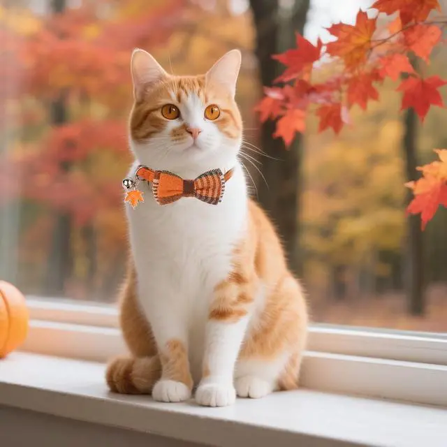 Alt view image 2 of 6 - ADOGGYGO Fall Cat Collar Breakaway, Orange Plaid Thanksgiving Cat Bow Tie | Detachable Bowtie Bell, Cute Autumn Charm, Breakaway Buckle, Adjustable, For Cat Kitten, Fall Thanksgiving Holiday Party