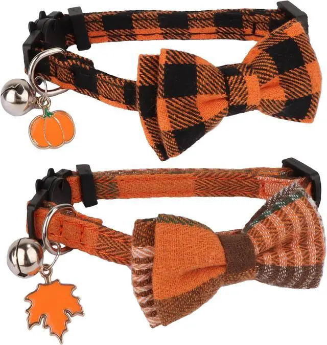 Alt view image 4 of 6 - ADOGGYGO Fall Cat Collar Breakaway, Orange Plaid Thanksgiving Cat Bow Tie | Detachable Bowtie Bell, Cute Autumn Charm, Breakaway Buckle, Adjustable, For Cat Kitten, Fall Thanksgiving Holiday Party