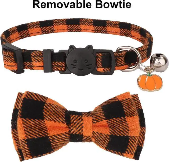 Alt view image 5 of 6 - ADOGGYGO Fall Cat Collar Breakaway, Orange Plaid Thanksgiving Cat Bow Tie | Detachable Bowtie Bell, Cute Autumn Charm, Breakaway Buckle, Adjustable, For Cat Kitten, Fall Thanksgiving Holiday Party