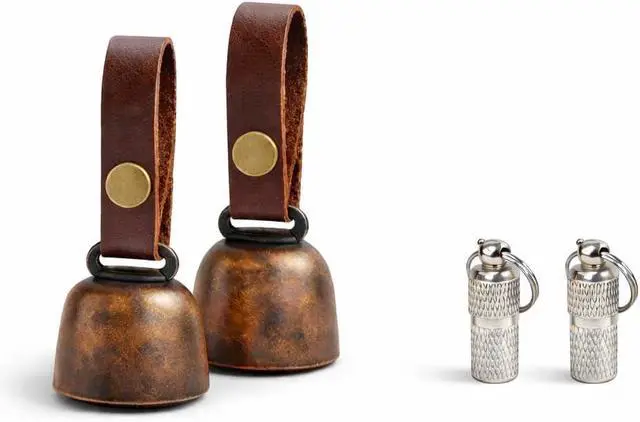Main image of kcrygogo Dog Collar Bell with Leather Snap Strap, 2 Pack Loud Pet Collar Bells for Dogs, Jingle Bell to Help Locate Your Dog, Includes 2 ID Capsule Tags, Vintage Copper Bell Collar Accessory