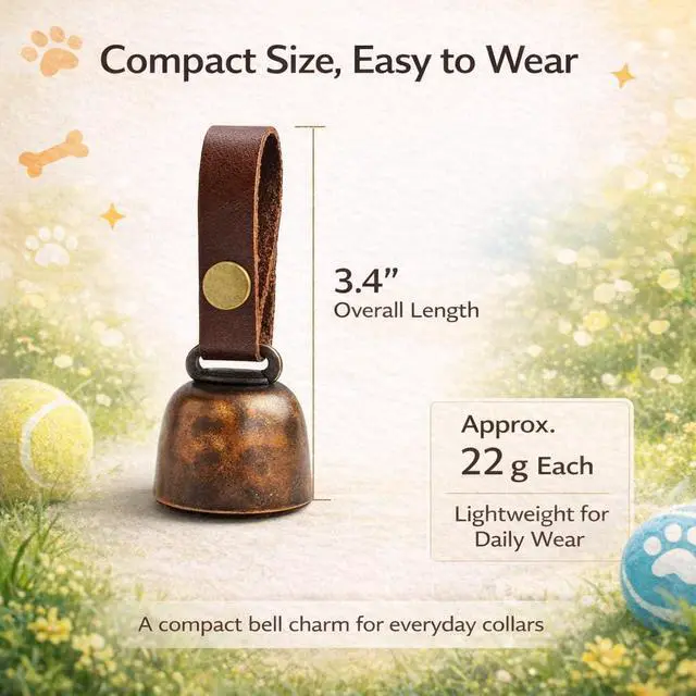 Alt view image 2 of 7 - kcrygogo Dog Collar Bell with Leather Snap Strap, 2 Pack Loud Pet Collar Bells for Dogs, Jingle Bell to Help Locate Your Dog, Includes 2 ID Capsule Tags, Vintage Copper Bell Collar Accessory