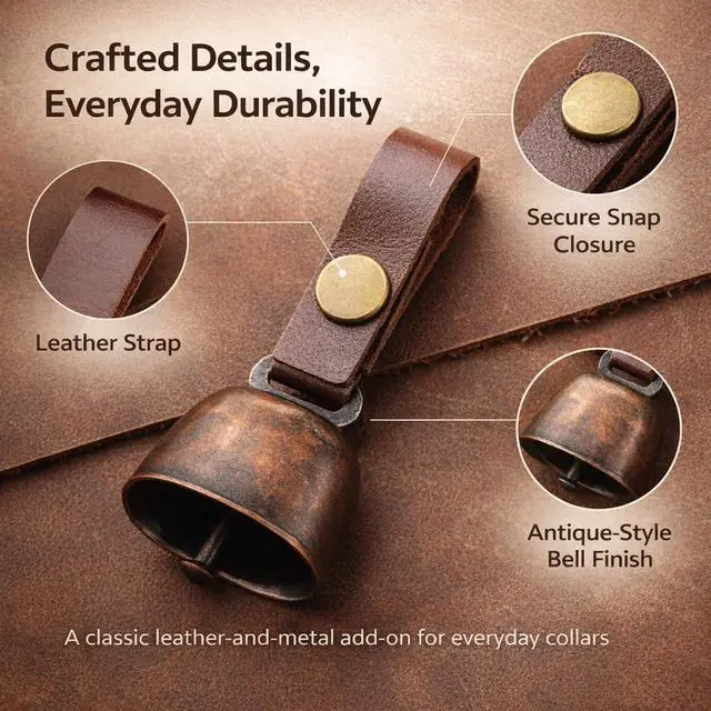 Alt view image 3 of 7 - kcrygogo Dog Collar Bell with Leather Snap Strap, 2 Pack Loud Pet Collar Bells for Dogs, Jingle Bell to Help Locate Your Dog, Includes 2 ID Capsule Tags, Vintage Copper Bell Collar Accessory