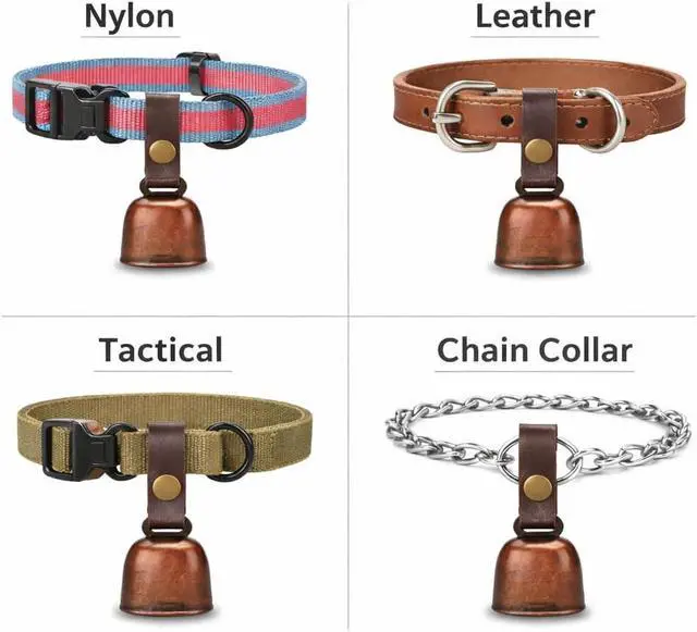 Alt view image 5 of 7 - kcrygogo Dog Collar Bell with Leather Snap Strap, 2 Pack Loud Pet Collar Bells for Dogs, Jingle Bell to Help Locate Your Dog, Includes 2 ID Capsule Tags, Vintage Copper Bell Collar Accessory