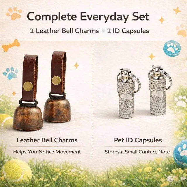 Alt view image 4 of 7 - kcrygogo Dog Collar Bell with Leather Snap Strap, 2 Pack Loud Pet Collar Bells for Dogs, Jingle Bell to Help Locate Your Dog, Includes 2 ID Capsule Tags, Vintage Copper Bell Collar Accessory