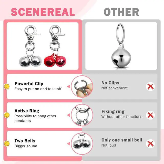 Alt view image 3 of 7 - SCENEREAL Bells for Dog Collars - 2 Pack Pet Hanging Ring Bell Accessories for Dog & Cat, Pet Pendant Collar Charm with Heavy Duty Snap Clips, Sliver Bells for Tracking and Training Christmas Gift