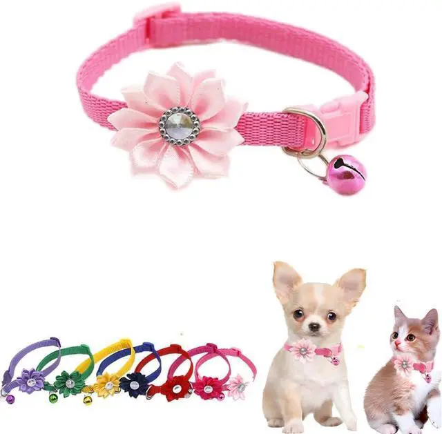 Main image of Pink Puppy Collar, XXS Dog Collar Girl with Bell, XS Kitten Cat Collars | Floral Flower Soft Nylon Adjustable Pet Necklace Girl Small Puppy XXS XS Tiny Litter Animal Bell Lightweight Outdoor Walk