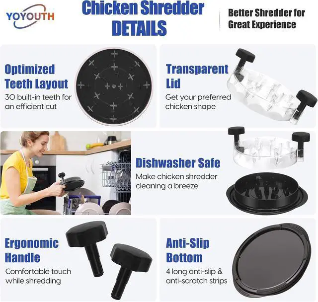 Alt view image 2 of 7 - Chicken Shredder Tool Twist, Food-Grade Meat Shredder, Black | 2026 Pro, Visible Lid, Strong Anti-Slip Base, Ergonomic Handle, Chicken Breast Shredder, Suitable for Pork Beef Chicken