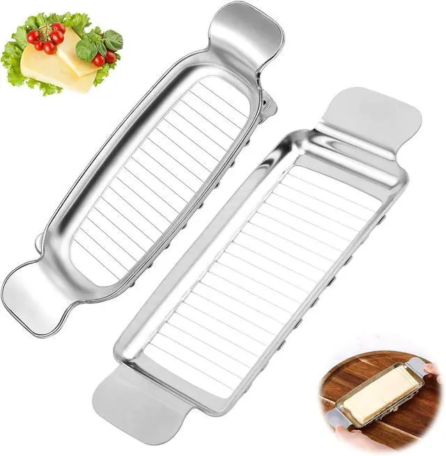 Main image of 2pcs Butter and Cheese Slicer Cutter, Stainless Steel Block Cheese Cutter Multipurpose Handheld Butter Slicing Food Tool for Precise Slicing Eggs Soft Fruits Dishwasher Washable