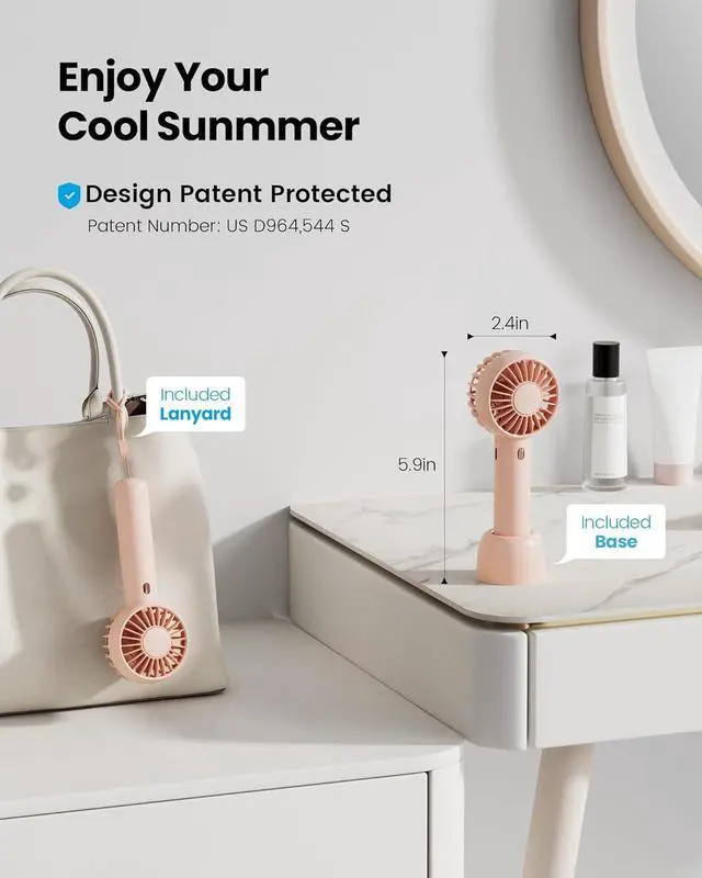Alt view image 2 of 6 - Gaiatop Mini Portable Fan, Small Personal Handheld Fan,Rechargeable | Powerful 3 Speed with Desktop Base, Lightweight, Battery Powered for Travel Lash Makeup Girls Women Gift Pink