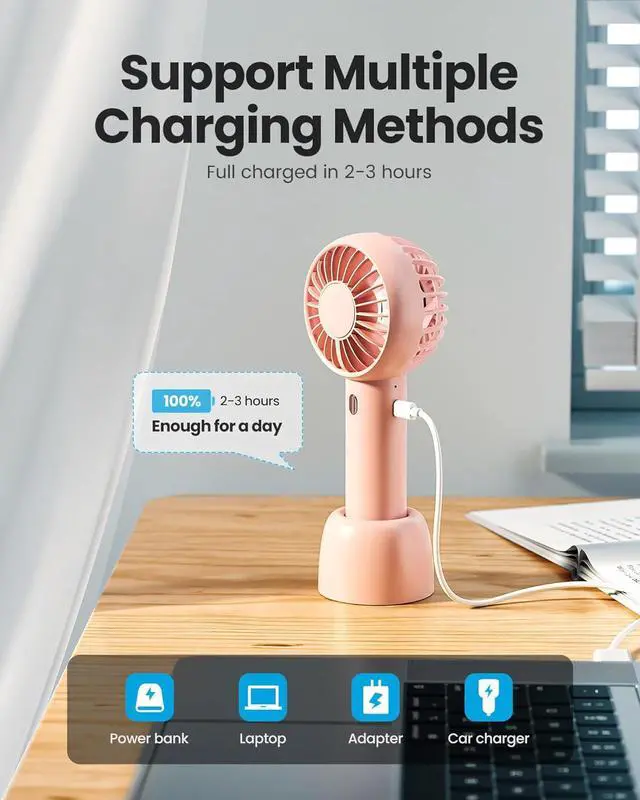 Alt view image 6 of 6 - Gaiatop Mini Portable Fan, Small Personal Handheld Fan,Rechargeable | Powerful 3 Speed with Desktop Base, Lightweight, Battery Powered for Travel Lash Makeup Girls Women Gift Pink