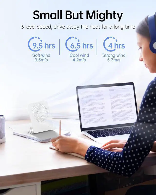 Alt view image 3 of 7 - TriPole Desk Fan Small Portable Fan 2000 mAh Rechargeable Battery, 4.5 Inch | 180° Tilt Folding, Fast Charging, Quiet Mini Travel Fan with 3 Speeds Adjustable for Home Office Desktop