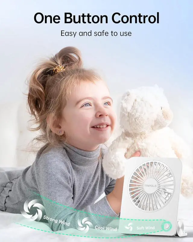 Alt view image 4 of 7 - TriPole Desk Fan Small Portable Fan 2000 mAh Rechargeable Battery, 4.5 Inch | 180° Tilt Folding, Fast Charging, Quiet Mini Travel Fan with 3 Speeds Adjustable for Home Office Desktop