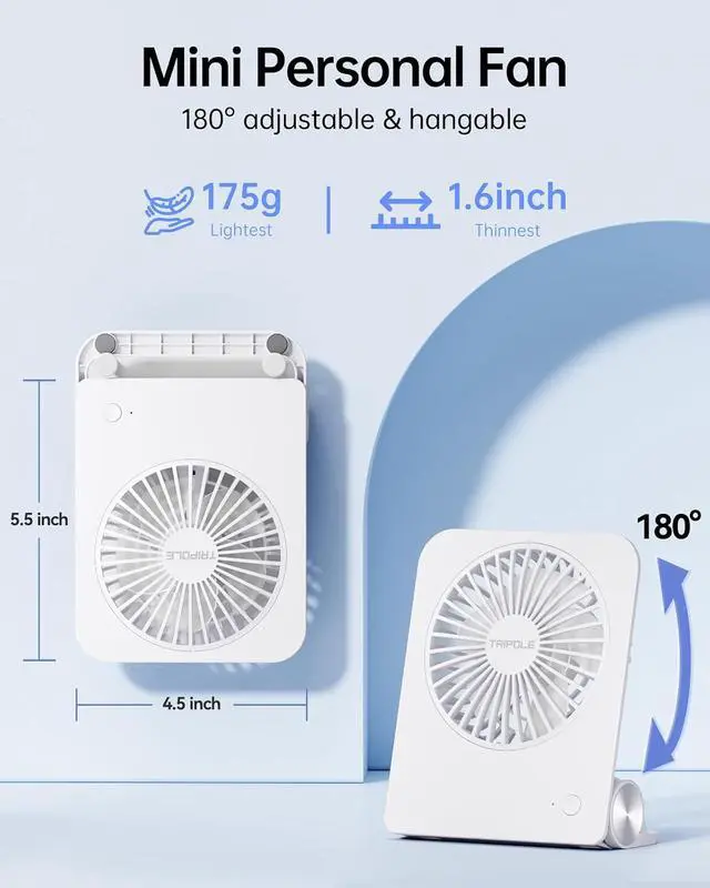 Alt view image 6 of 7 - TriPole Desk Fan Small Portable Fan 2000 mAh Rechargeable Battery, 4.5 Inch | 180° Tilt Folding, Fast Charging, Quiet Mini Travel Fan with 3 Speeds Adjustable for Home Office Desktop