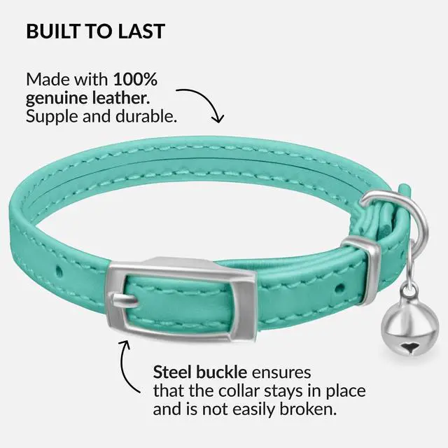 Alt view image 3 of 6 - Soft Leather Cat Collar with Safety Elastic Strap - Mint Green | Removable Bell, Steel Buckle, Safety Elastic Strap (Breakaway Alternative), Double Stitching, For Small & Big Boy & Girl Cats