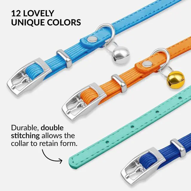 Alt view image 5 of 6 - Soft Leather Cat Collar with Safety Elastic Strap - Mint Green | Removable Bell, Steel Buckle, Safety Elastic Strap (Breakaway Alternative), Double Stitching, For Small & Big Boy & Girl Cats