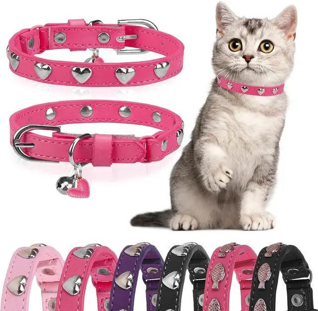 Main image of Leather Cat Collar, Breakaway Kitten Collars with Bell, Pink | Spiked & Studded, Cute for Boy Girl Small Pets, Goth Style, Safety Elastic Belt, Adjustable Buckle, Heart, 8-11in