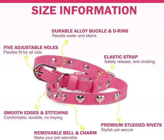 Alt view image 3 of 7 - Leather Cat Collar, Breakaway Kitten Collars with Bell, Pink | Spiked & Studded, Cute for Boy Girl Small Pets, Goth Style, Safety Elastic Belt, Adjustable Buckle, Heart, 8-11in