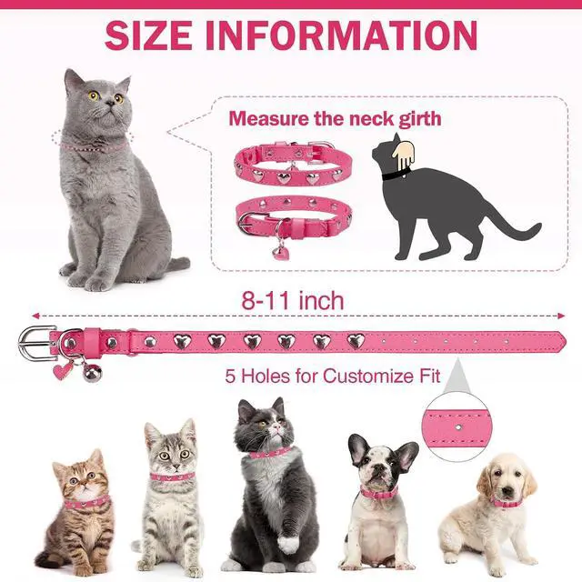 Alt view image 2 of 7 - Leather Cat Collar, Breakaway Kitten Collars with Bell, Pink | Spiked & Studded, Cute for Boy Girl Small Pets, Goth Style, Safety Elastic Belt, Adjustable Buckle, Heart, 8-11in