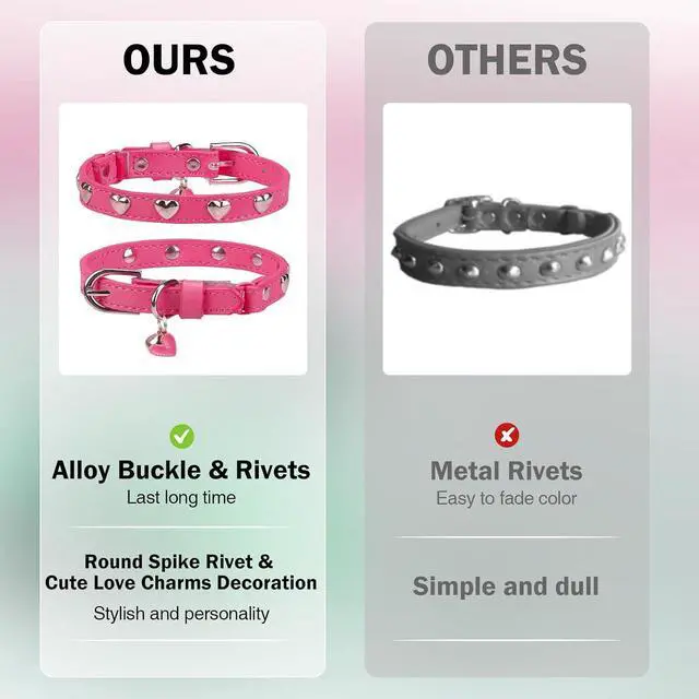 Alt view image 5 of 7 - Leather Cat Collar, Breakaway Kitten Collars with Bell, Pink | Spiked & Studded, Cute for Boy Girl Small Pets, Goth Style, Safety Elastic Belt, Adjustable Buckle, Heart, 8-11in