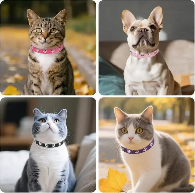 Alt view image 7 of 7 - Leather Cat Collar, Breakaway Kitten Collars with Bell, Pink | Spiked & Studded, Cute for Boy Girl Small Pets, Goth Style, Safety Elastic Belt, Adjustable Buckle, Heart, 8-11in