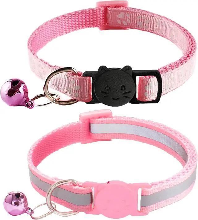 Main image of 2 Pack Breakaway Cat Collars with Bells, Reflective Design and Claw Print Design, Safety Buckle Kitten Collars Adjustable from 7.5 to 12.5 Inches (Pink)