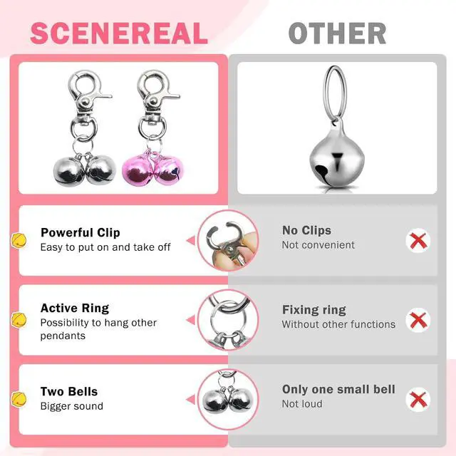 Alt view image 3 of 7 - SCENEREAL Bells for Dog Collars - 2 Pack Pet Hanging Ring Bell Accessories for Dog & Cat, Pet Pendant Collar Charm with Heavy Duty Snap Clips, Sliver Bells for Tracking and Training Christmas Gift