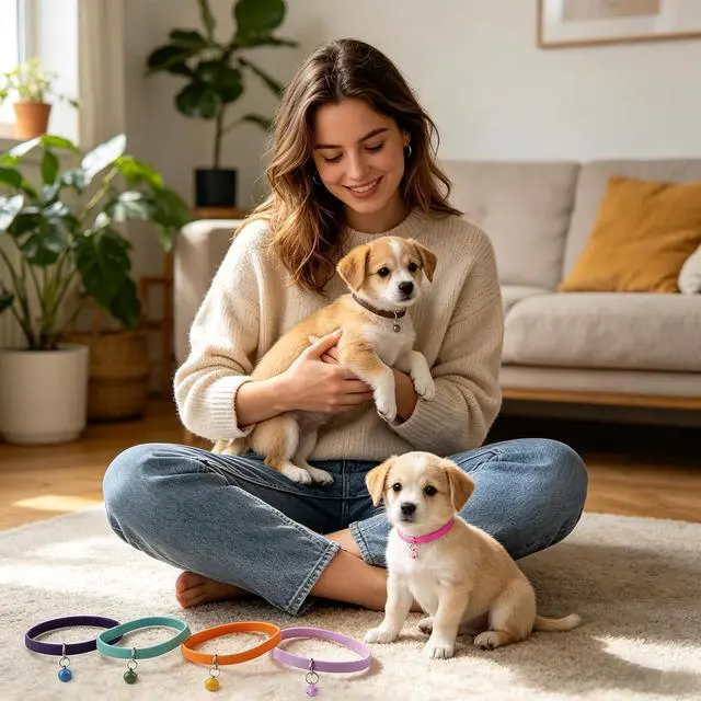 Alt view image 4 of 7 - Whaline Kitten Puppy Collar with Bell Multicolor Double-Sided Soft Plush Whelping Pet ID Collars for Small Newborn Puppies Kitten Cat Dog, 15pcs