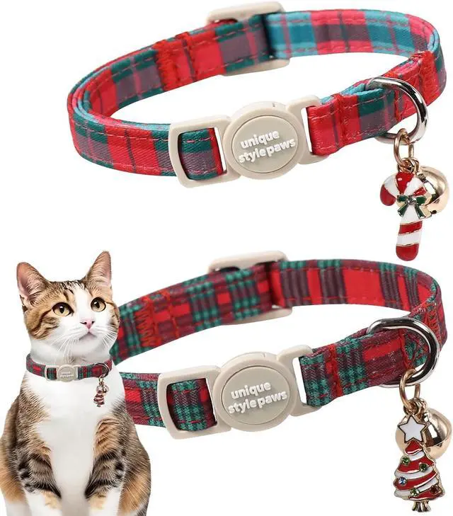 Main image of Unique style paws 2 Pack Christmas Kitten Collar Breakaway with Bell&Pendant, Adjustable Safety Red Green Scottish Plaid Cat Cotton Collar for Girl Boy Cat and Small Pet